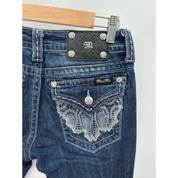 Miss Me Bootcut Jeans Lace Sequin Flap Pockets Denim Dark Wash Womens Size 27 - Picture 8 of 9